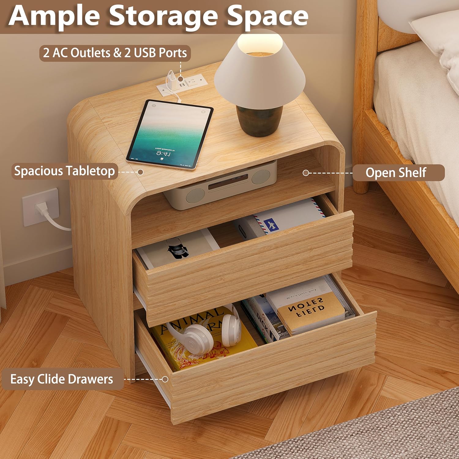Modern Nightstand with Charging Station, 23.6" Wide Wood Night Stand with 2 Storage Drawers and Curved Edge, Farmhouse Fluted Bedside Table, Bed Side Table, Small End Table for Bedroom, Natural Oak