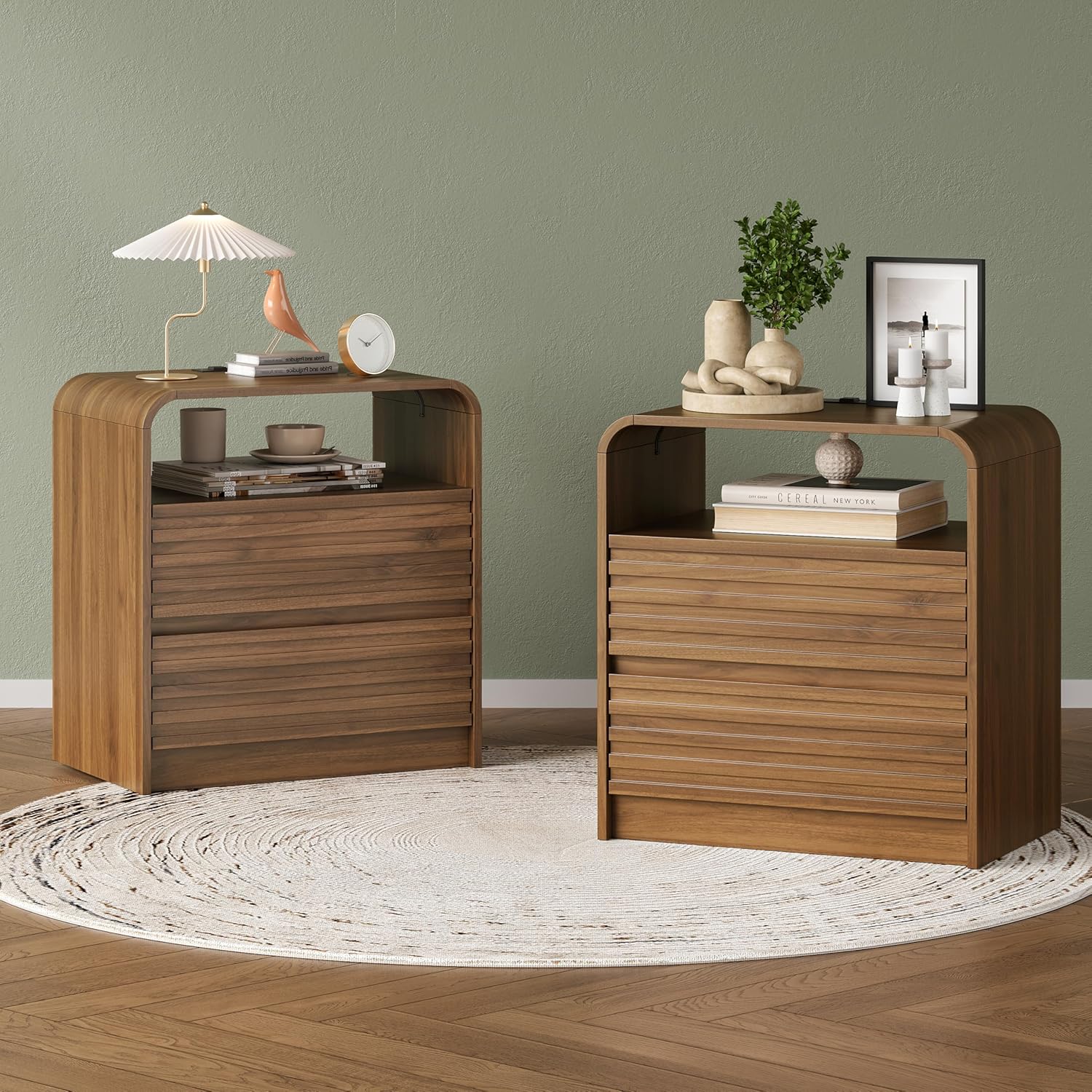 Modern Nightstand with Charging Station, 23.6" Wide Wood Night Stand with 2 Storage Drawers and Curved Edge, Farmhouse Fluted Bedside Table, Bed Side Table, Small End Table for Bedroom, Natural Oak