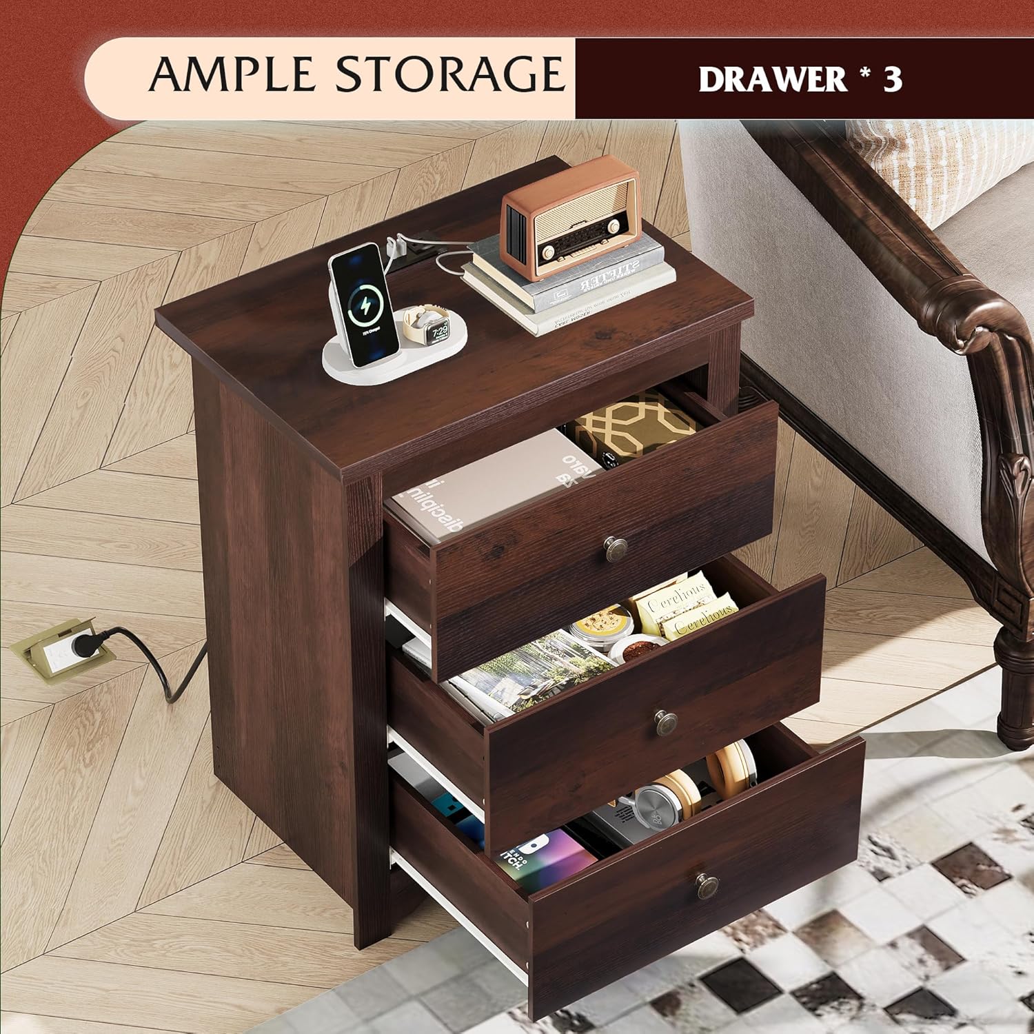 WLIVE Tall Nightstand with Charging Station, Wood Night Stand with 3 Drawers Storage, Bedside Table End Side Tables with 2 USB Ports and Outlets for Bedroom, Closet, Espresso