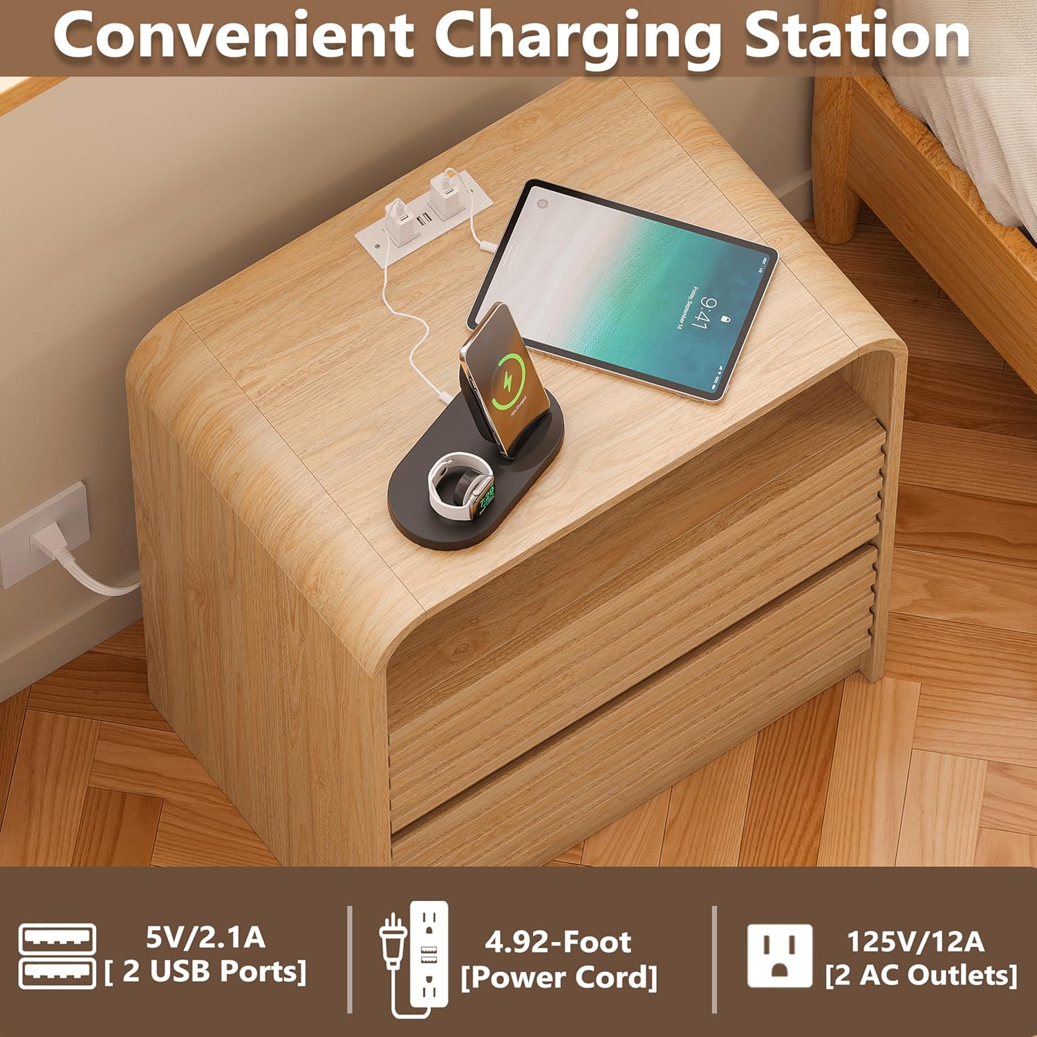 Modern Nightstand with Charging Station, 23.6" Wide Wood Night Stand with 2 Storage Drawers and Curved Edge, Farmhouse Fluted Bedside Table, Bed Side Table, Small End Table for Bedroom, Natural Oak