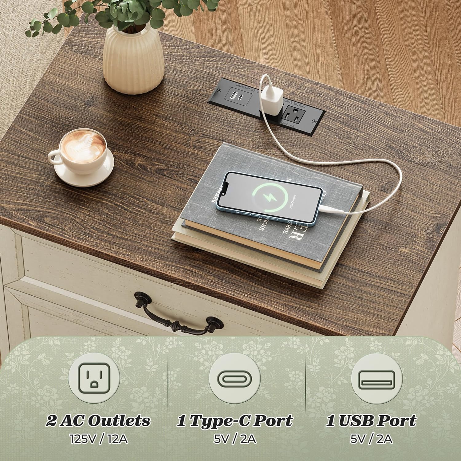 Huuger Nightstand with Charging Station, 3 Drawer Night Stand Set of 2, 22 Inch Wider Side Table with Storage, Farmhouse Nightstand with Vintage Handles, Thicken Base, for Bedroom, Distressed White