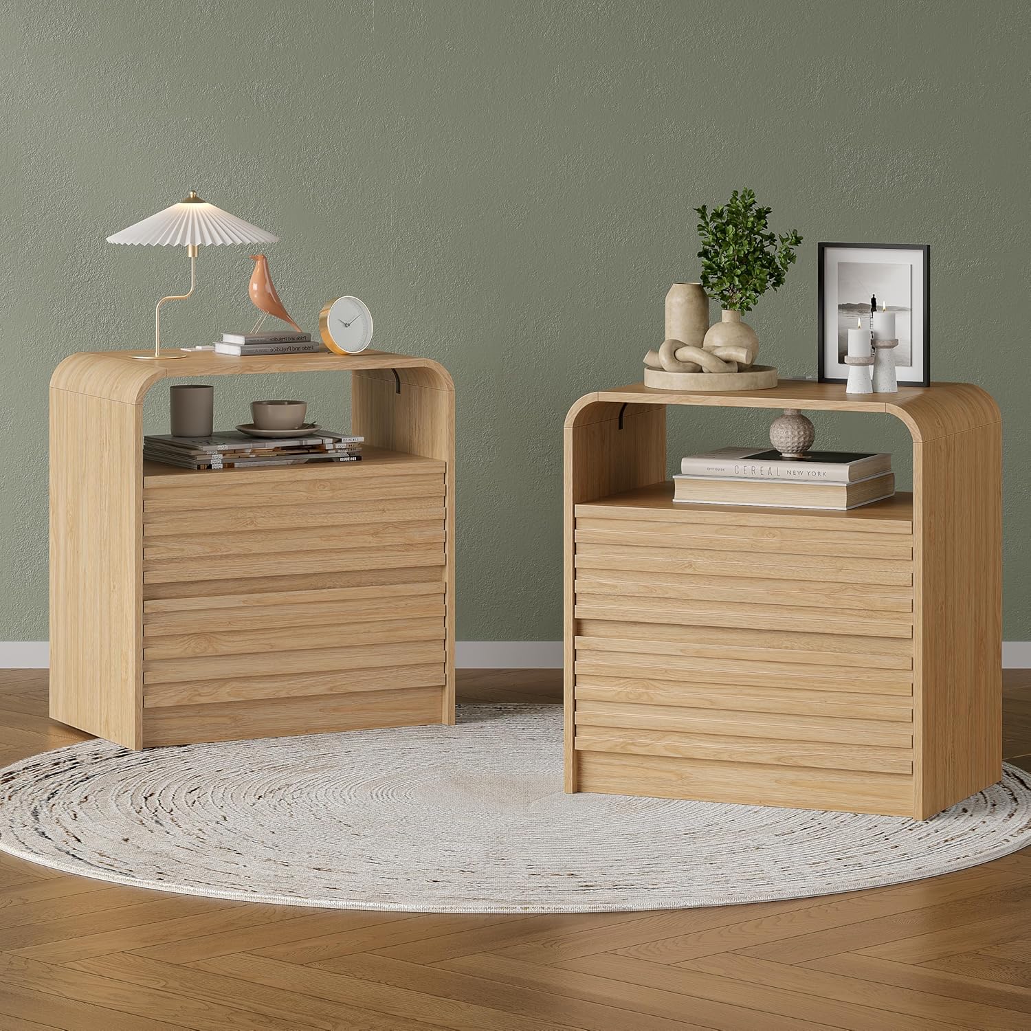 Modern Nightstand with Charging Station, 23.6" Wide Wood Night Stand with 2 Storage Drawers and Curved Edge, Farmhouse Fluted Bedside Table, Bed Side Table, Small End Table for Bedroom, Natural Oak