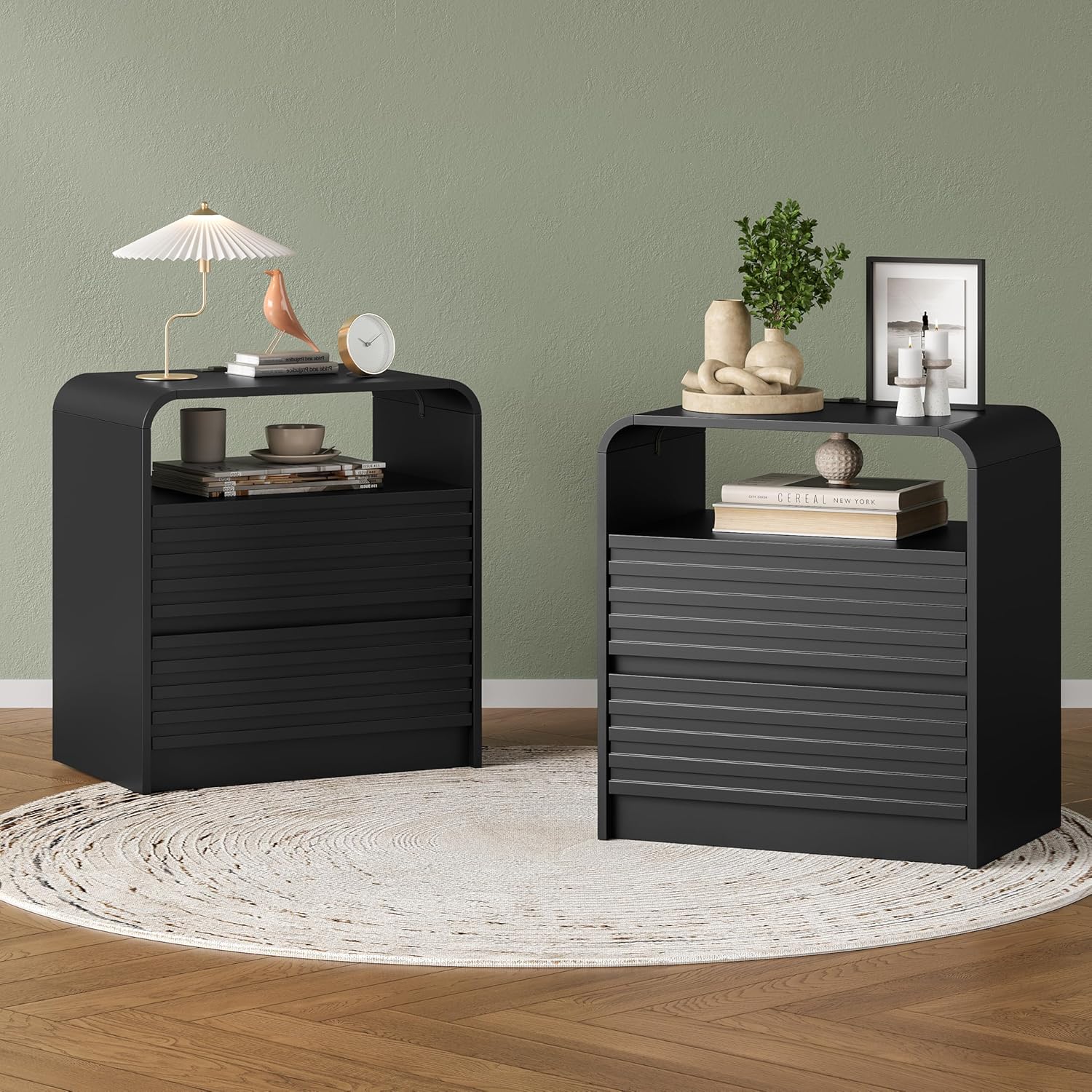 Modern Nightstand with Charging Station, 23.6" Wide Wood Night Stand with 2 Storage Drawers and Curved Edge, Farmhouse Fluted Bedside Table, Bed Side Table, Small End Table for Bedroom, Natural Oak